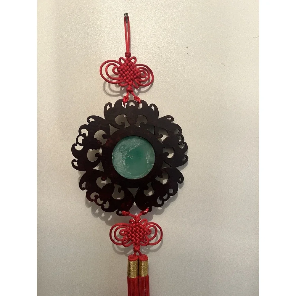 VTG Asian Dragon Wall Hanging Feng Shui Jade Style Medallion Red Tassel Decor 3'